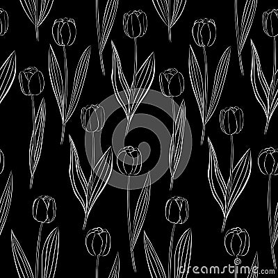 Seamless pattern flowers tulips white on black background vector illustration Vector Illustration